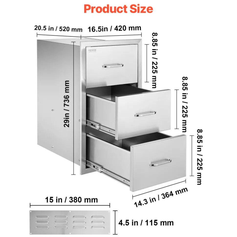 VEVOR Outdoor Kitchen Drawer 16Wx24.4Hx16D Inch Stainless Steel Pull Out Trash Drawer with Handle for Outdoor Kitchen BBQ Island