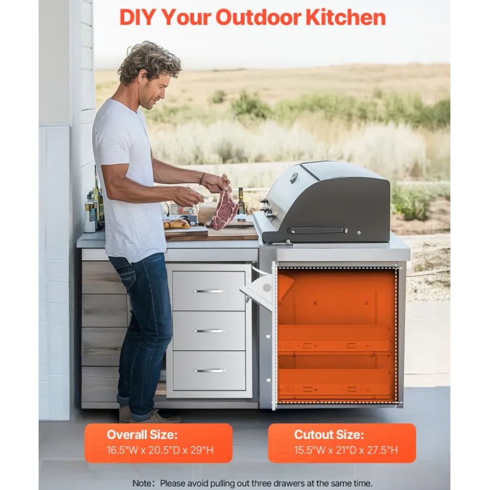 VEVOR Outdoor Kitchen Drawer 16Wx24.4Hx16D Inch Stainless Steel Pull Out Trash Drawer with Handle for Outdoor Kitchen BBQ Island