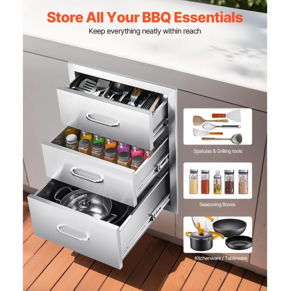 VEVOR Outdoor Kitchen Drawers 18.11"W x 23.23"D x 23.23"H, Triple-Access Stainless Steel BBQ Drawers with Handles, BBQ Island Drawer for Outdoor Kitchens or Barbeque Island Patio Grill Station
