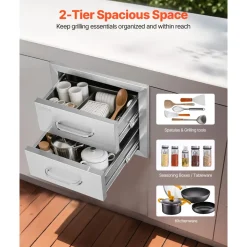 VEVOR Outdoor Kitchen Drawers 14W x 14.4H x 23D Inch, Flush Mount Double BBQ Drawers Stainless Steel with Handle, BBQ Island Drawers for Outdoor Kitchens or Grill Station