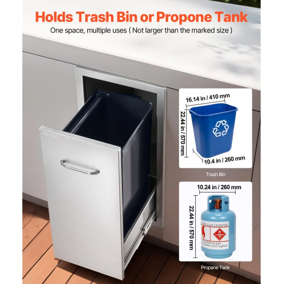 VEVOR Outdoor Kitchen Trash Drawer, 13.54"W x 19.61"D x 25.79"H Interior Storage, Multi-Purpose Outdoor Kitchen Drawers Stainless Steel, 55 lbs Max Capacity per Tier, for Outdoors BBQ Island Kitchens