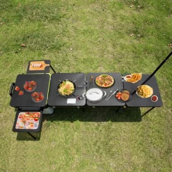 VEVOR Outdoor Mobile Kitchen, Portable Multifunctional Camp Box with Wheels All in One Integrated Cooking Station with Windproof Stove, Folding Tables Storage Organizer, Black