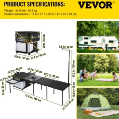 VEVOR Outdoor Mobile Kitchen, Portable Multifunctional Camp Box with Wheels All in One Integrated Cooking Station with Windproof Stove, Folding Tables Storage Organizer, Black