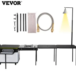 VEVOR Outdoor Mobile Kitchen, Portable Multifunctional Camp Box with Wheels All in One Integrated Cooking Station with Windproof Stove, Folding Tables Storage Organizer, Black