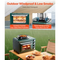 VEVOR Outdoor Oven, 2-in-1 Portable Gas Camping Stove Oven Combo, Adjustable Fire, 60-Minute Timer, Windproof, with Grill Shelf and Roasting Tray, for Camping Gear Backyard Picnic Outdoor Cooking