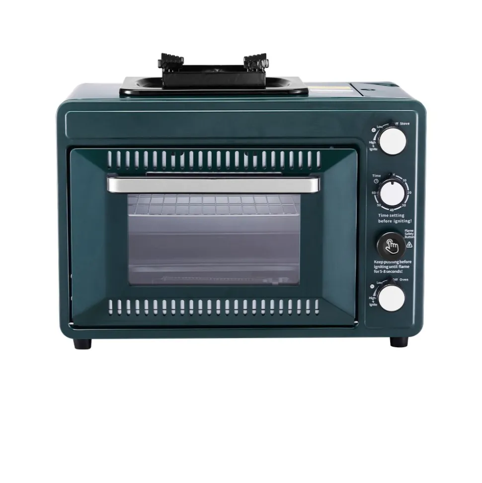 VEVOR Outdoor Oven, 2-in-1 Portable Gas Camping Stove Oven Combo, Adjustable Fire, 60-Minute Timer, Windproof, with Grill Shelf and Roasting Tray, for Camping Gear Backyard Picnic Outdoor Cooking