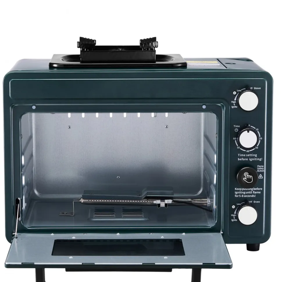 VEVOR Outdoor Oven, 2-in-1 Portable Gas Camping Stove Oven Combo, Adjustable Fire, 60-Minute Timer, Windproof, with Grill Shelf and Roasting Tray, for Camping Gear Backyard Picnic Outdoor Cooking