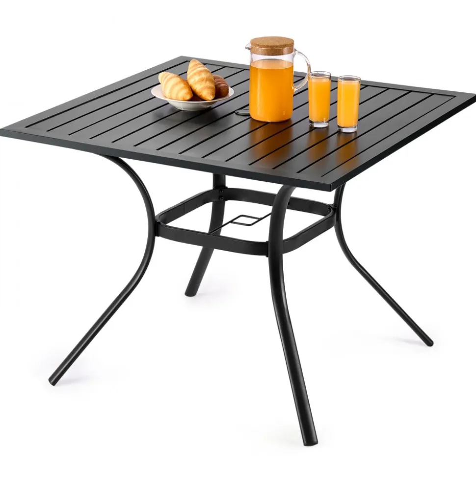 VEVOR Outdoor Patio Dining Table, 37 inch Square Metal Steel Slat Backyard Bistro Tables, with 1.5 in Umbrella Hole, Outside All-Weather Large Furniture for Lawn Garden Porch, Black