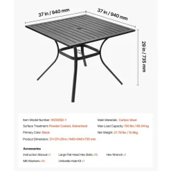 VEVOR Outdoor Patio Dining Table, 37 inch Square Metal Steel Slat Backyard Bistro Tables, with 1.5 in Umbrella Hole, Outside All-Weather Large Furniture for Lawn Garden Porch, Black
