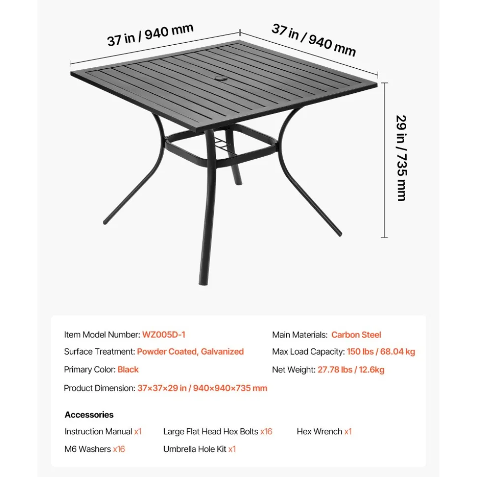 VEVOR Outdoor Patio Dining Table, 37 inch Square Metal Steel Slat Backyard Bistro Tables, with 1.5 in Umbrella Hole, Outside All-Weather Large Furniture for Lawn Garden Porch, Black