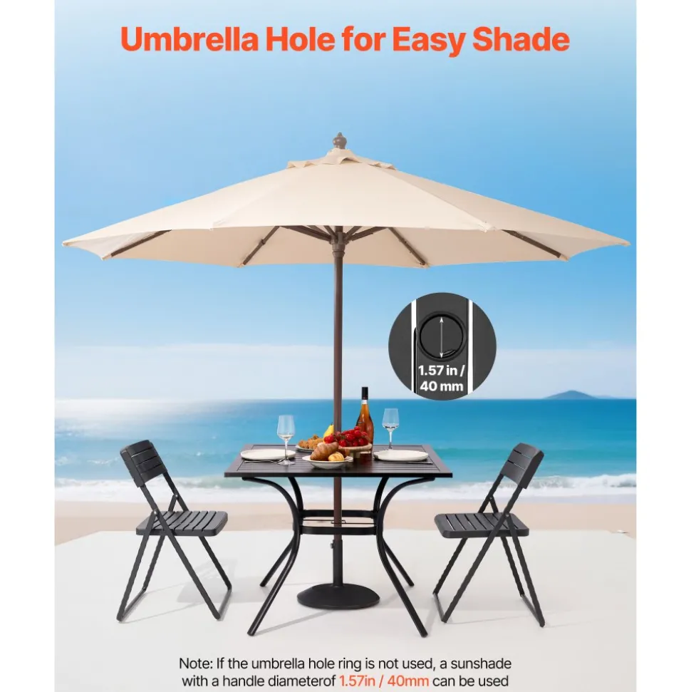 VEVOR Outdoor Patio Dining Table, 37 inch Square Metal Steel Slat Backyard Bistro Tables, with 1.5 in Umbrella Hole, Outside All-Weather Large Furniture for Lawn Garden Porch, Black