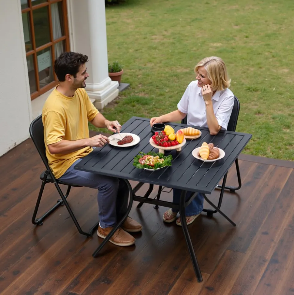 VEVOR Outdoor Patio Dining Table, 37 inch Square Metal Steel Slat Backyard Bistro Tables, with 1.5 in Umbrella Hole, Outside All-Weather Large Furniture for Lawn Garden Porch, Black
