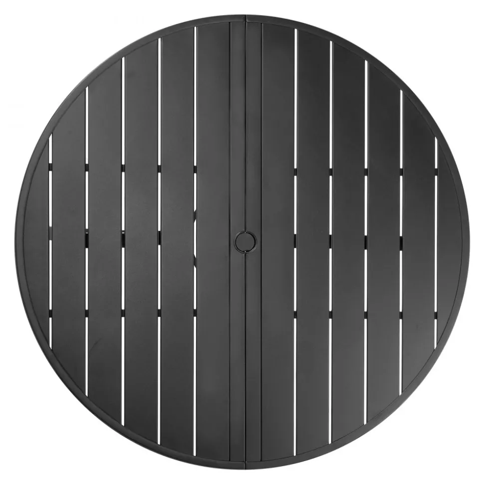 VEVOR Outdoor Patio Dining Table, 47 inch Round Metal Steel Slat Backyard Bistro Tables, with 1.5 in Umbrella Hole, Outside All-Weather Large Furniture for Lawn Garden Porch, Black