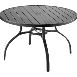 VEVOR Outdoor Patio Dining Table, 47 inch Round Metal Steel Slat Backyard Bistro Tables, with 1.5 in Umbrella Hole, Outside All-Weather Large Furniture for Lawn Garden Porch, Black