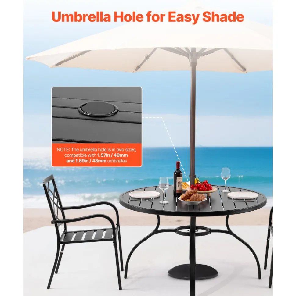 VEVOR Outdoor Patio Dining Table, 47 inch Round Metal Steel Slat Backyard Bistro Tables, with 1.5 in Umbrella Hole, Outside All-Weather Large Furniture for Lawn Garden Porch, Black