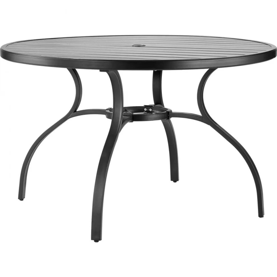 VEVOR Outdoor Patio Dining Table, 47 inch Round Metal Steel Slat Backyard Bistro Tables, with 1.5 in Umbrella Hole, Outside All-Weather Large Furniture for Lawn Garden Porch, Black