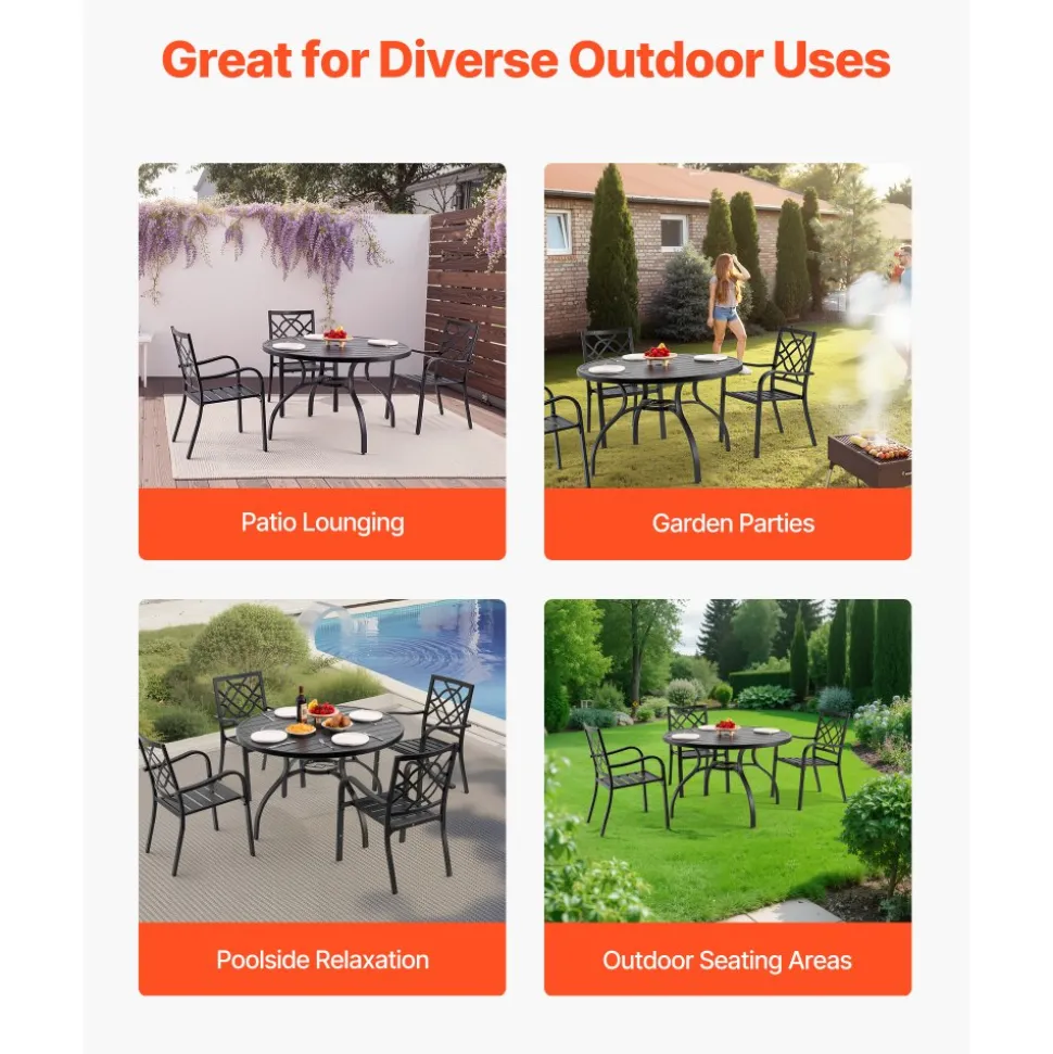 VEVOR Outdoor Patio Dining Table, 47 inch Round Metal Steel Slat Backyard Bistro Tables, with 1.5 in Umbrella Hole, Outside All-Weather Large Furniture for Lawn Garden Porch, Black