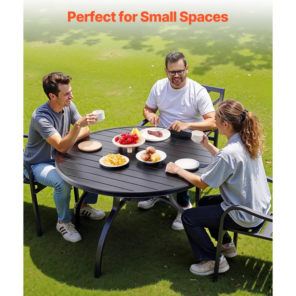 VEVOR Outdoor Patio Dining Table, 47 inch Round Metal Steel Slat Backyard Bistro Tables, with 1.5 in Umbrella Hole, Outside All-Weather Large Furniture for Lawn Garden Porch, Black