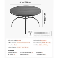 VEVOR Outdoor Patio Dining Table, 47 inch Round Metal Steel Slat Backyard Bistro Tables, with 1.5 in Umbrella Hole, Outside All-Weather Large Furniture for Lawn Garden Porch, Black
