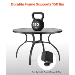 VEVOR Outdoor Patio Dining Table, 47 inch Round Metal Steel Slat Backyard Bistro Tables, with 1.5 in Umbrella Hole, Outside All-Weather Large Furniture for Lawn Garden Porch, Black
