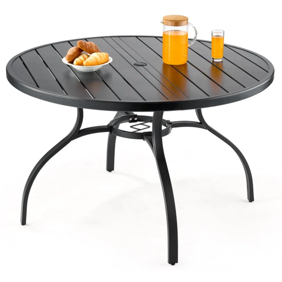 VEVOR Outdoor Patio Dining Table, 47 inch Round Metal Steel Slat Backyard Bistro Tables, with 1.5 in Umbrella Hole, Outside All-Weather Large Furniture for Lawn Garden Porch, Black