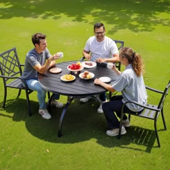 VEVOR Outdoor Patio Dining Table, 47 inch Round Metal Steel Slat Backyard Bistro Tables, with 1.5 in Umbrella Hole, Outside All-Weather Large Furniture for Lawn Garden Porch, Black
