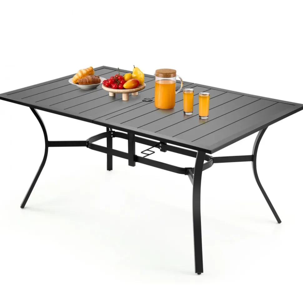 VEVOR Outdoor Patio Dining Table, 59 inch Long Rectangular Metal Steel Slat Backyard Bistro Tables for 4-6, with 1.5 in Umbrella Hole, All-Weather Large Furniture for Lawn Garden Porch, Black