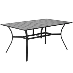 VEVOR Outdoor Patio Dining Table, 59 inch Long Rectangular Metal Steel Slat Backyard Bistro Tables for 4-6, with 1.5 in Umbrella Hole, All-Weather Large Furniture for Lawn Garden Porch, Black