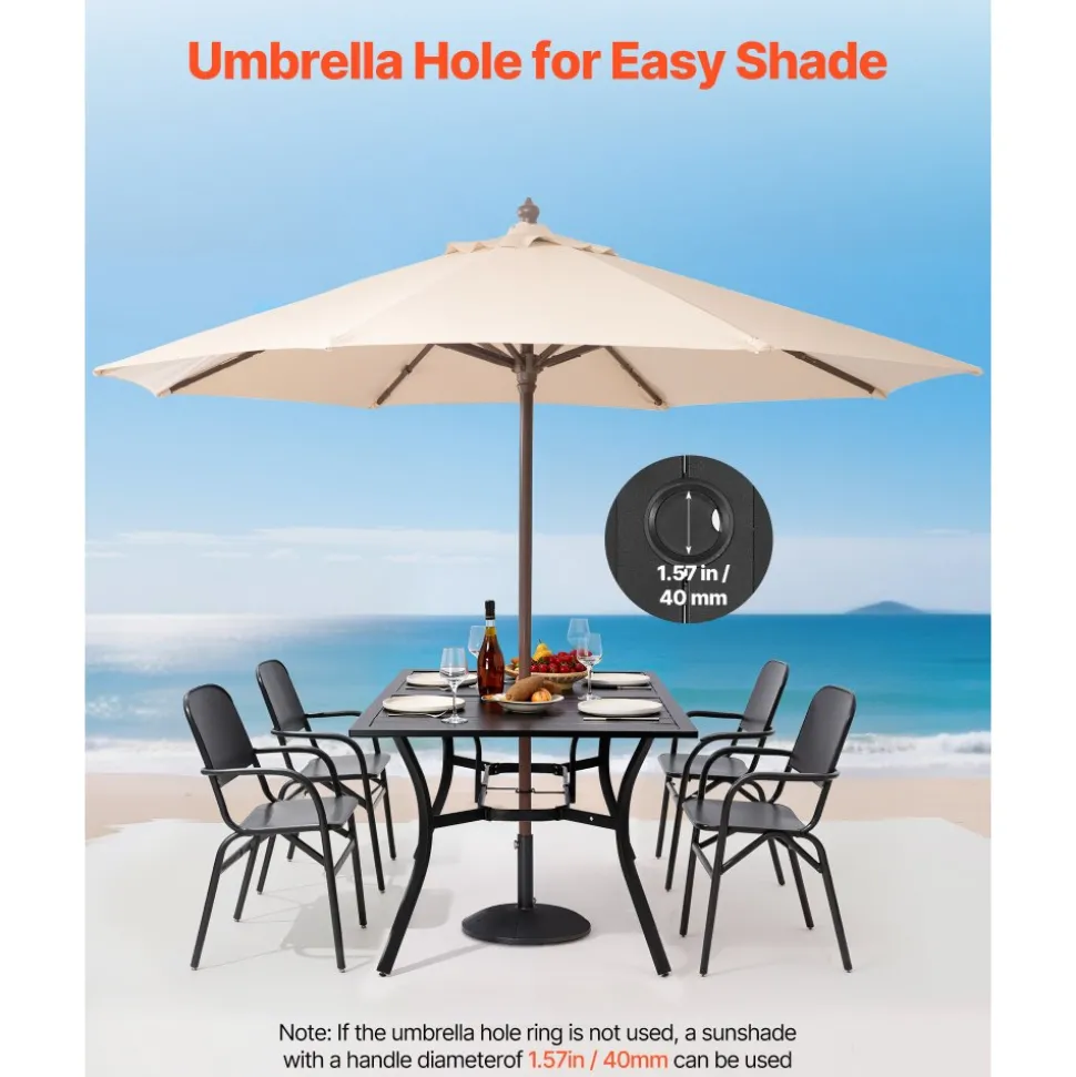 VEVOR Outdoor Patio Dining Table, 59 inch Long Rectangular Metal Steel Slat Backyard Bistro Tables for 4-6, with 1.5 in Umbrella Hole, All-Weather Large Furniture for Lawn Garden Porch, Black
