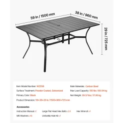 VEVOR Outdoor Patio Dining Table, 59 inch Long Rectangular Metal Steel Slat Backyard Bistro Tables for 4-6, with 1.5 in Umbrella Hole, All-Weather Large Furniture for Lawn Garden Porch, Black