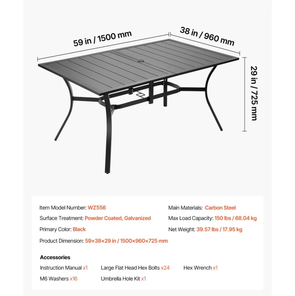 VEVOR Outdoor Patio Dining Table, 59 inch Long Rectangular Metal Steel Slat Backyard Bistro Tables for 4-6, with 1.5 in Umbrella Hole, All-Weather Large Furniture for Lawn Garden Porch, Black