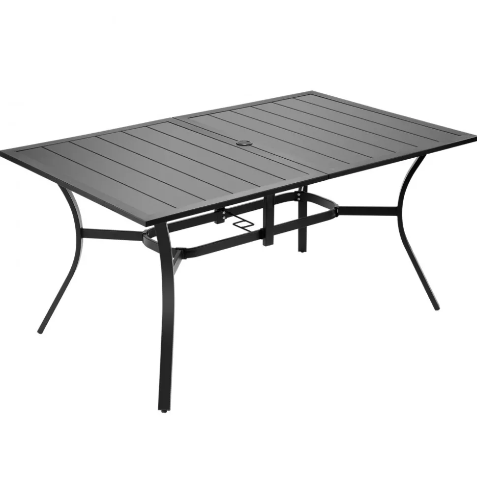 VEVOR Outdoor Patio Dining Table, 59 inch Long Rectangular Metal Steel Slat Backyard Bistro Tables for 4-6, with 1.5 in Umbrella Hole, All-Weather Large Furniture for Lawn Garden Porch, Black