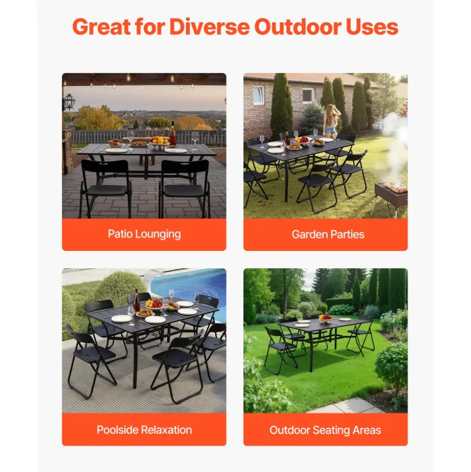 VEVOR Outdoor Patio Dining Table, 59 inch Long Rectangular Metal Steel Slat Backyard Bistro Tables for 4-6, with 1.5 in Umbrella Hole, All-Weather Large Furniture for Lawn Garden Porch, Black
