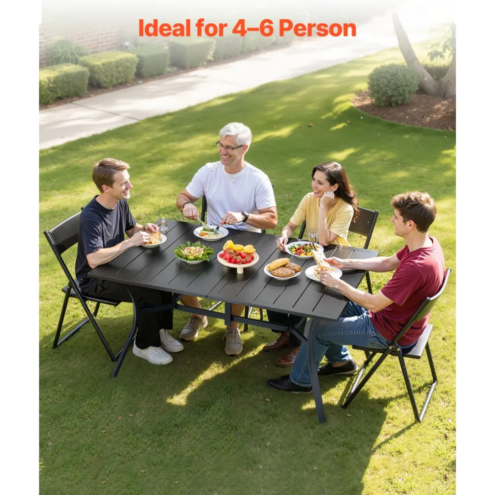 VEVOR Outdoor Patio Dining Table, 59 inch Long Rectangular Metal Steel Slat Backyard Bistro Tables for 4-6, with 1.5 in Umbrella Hole, All-Weather Large Furniture for Lawn Garden Porch, Black