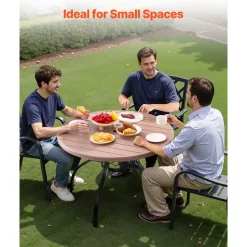 VEVOR Outdoor Patio Dining Table, 41 inch Round Wood-Like Steel Slat Backyard Bistro Coffee Tables for 4, with 1.5 in Umbrella Hole, Outside All-Weather Large Furniture for Lawn Garden Porch, Gray