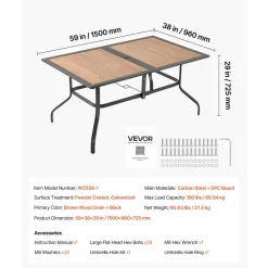 VEVOR Outdoor Patio Dining Table, 59 inch Long Rectangular Wood-Like Steel Slat Backyard Bistro Tables for 4-6, with 1.5 in Umbrella Hole, All-Weather Large Furniture for Lawn Garden Porch, Brown