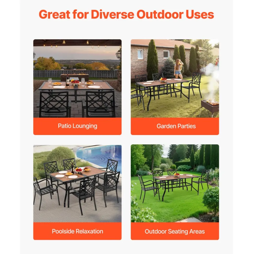 VEVOR Outdoor Patio Dining Table, 59 inch Long Rectangular Wood-Like Steel Slat Backyard Bistro Tables for 4-6, with 1.5 in Umbrella Hole, All-Weather Large Furniture for Lawn Garden Porch, Brown