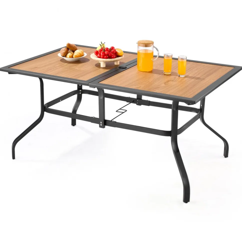 VEVOR Outdoor Patio Dining Table, 59 inch Long Rectangular Wood-Like Steel Slat Backyard Bistro Tables for 4-6, with 1.5 in Umbrella Hole, All-Weather Large Furniture for Lawn Garden Porch, Brown
