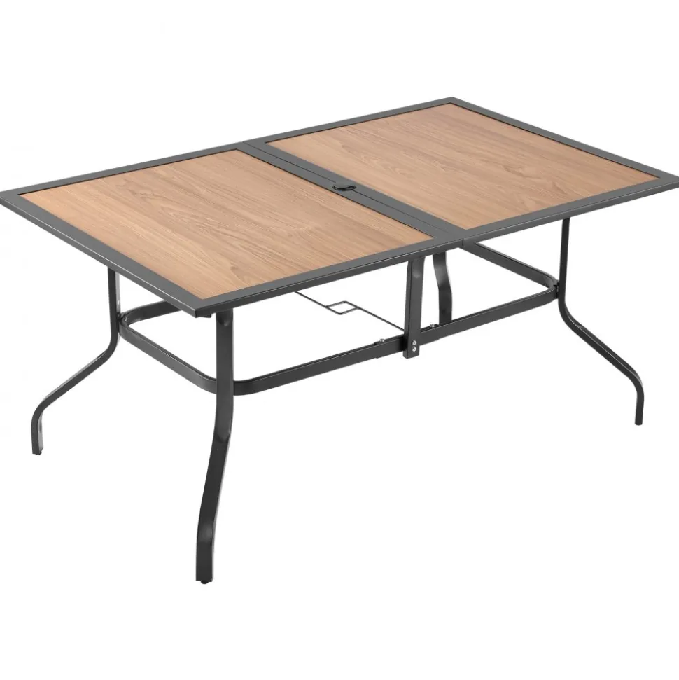 VEVOR Outdoor Patio Dining Table, 59 inch Long Rectangular Wood-Like Steel Slat Backyard Bistro Tables for 4-6, with 1.5 in Umbrella Hole, All-Weather Large Furniture for Lawn Garden Porch, Brown