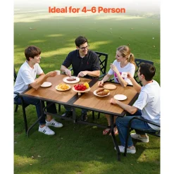 VEVOR Outdoor Patio Dining Table, 59 inch Long Rectangular Wood-Like Steel Slat Backyard Bistro Tables for 4-6, with 1.5 in Umbrella Hole, All-Weather Large Furniture for Lawn Garden Porch, Brown