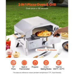 VEVOR Outdoor Pizza Oven, 13 in Gas Fired Pizza-Maker, Portable Outside Gas Oven with Thickened Cordierite Pizza-Stone, and Built-in Thermometer, Pizza or Grill Two Modes, for Camping & Backyard