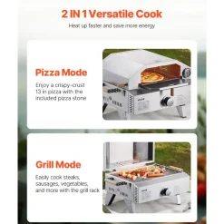 VEVOR Outdoor Pizza Oven, 13 in Gas Fired Pizza-Maker, Portable Outside Gas Oven with Thickened Cordierite Pizza-Stone, and Built-in Thermometer, Pizza or Grill Two Modes, for Camping & Backyard