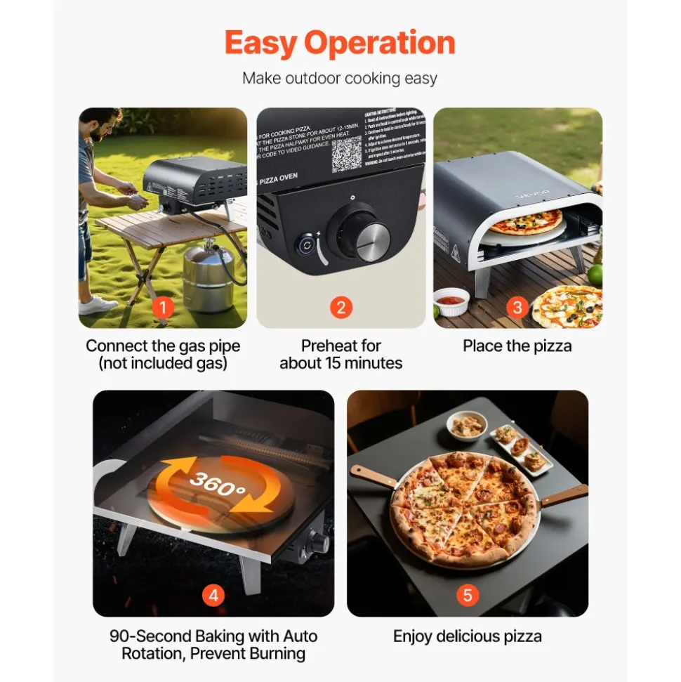 VEVOR Outdoor Pizza Oven, 12 in Propane Gas Pizza Maker, Portable Pizza-Cooker with Electric Rotation, Thickened Pizza-Stone, Carry Bag, Propane Pizza-Oven for Outside Backyard Patio Camping, Black