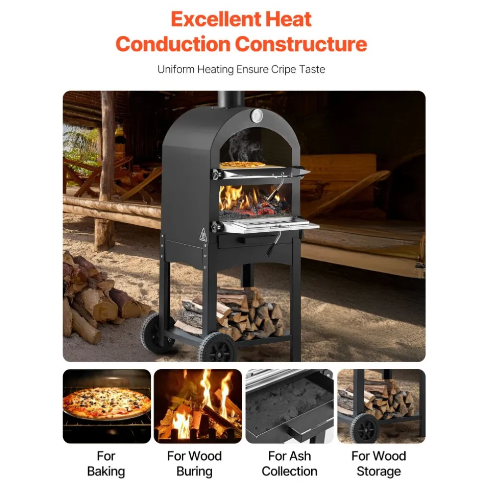 VEVOR Outdoor Pizza Oven, 12" Pellet Fire Ovens, 2-Layer Pizza Oven Wood Fired, Wood Burning Outdoor Pizza-Oven with 2 Removable Wheels, 1000℉ Max Temperature Fired Pizza-Maker Ovens for Barbecue