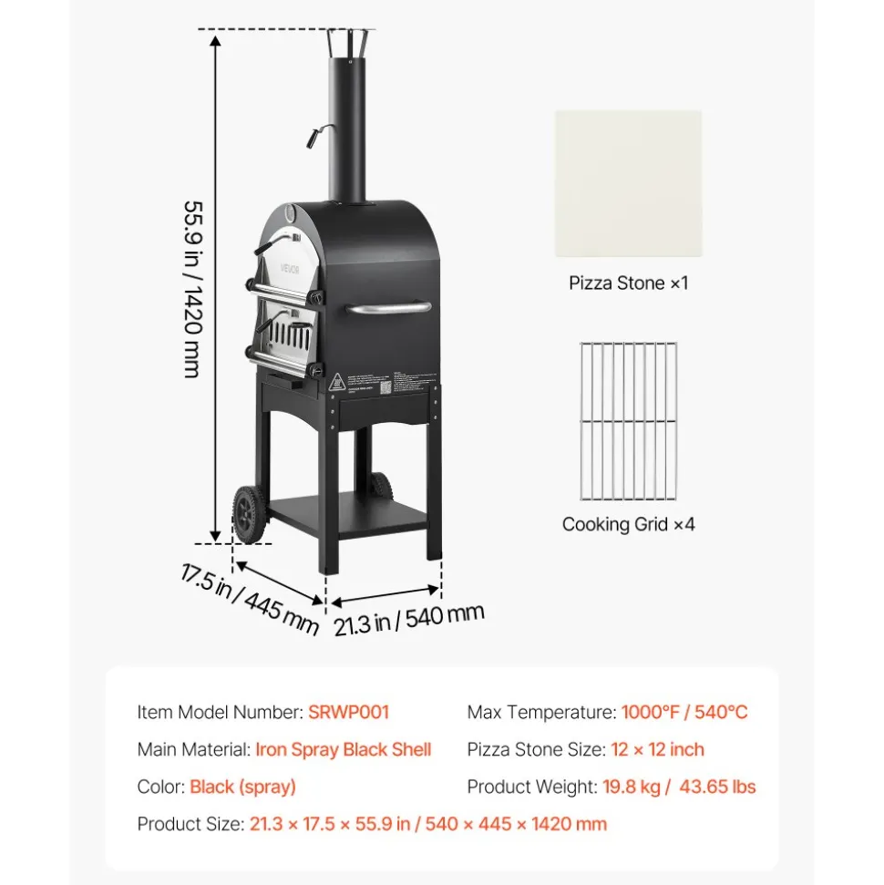 VEVOR Outdoor Pizza Oven, 12" Pellet Fire Ovens, 2-Layer Pizza Oven Wood Fired, Wood Burning Outdoor Pizza-Oven with 2 Removable Wheels, 1000℉ Max Temperature Fired Pizza-Maker Ovens for Barbecue