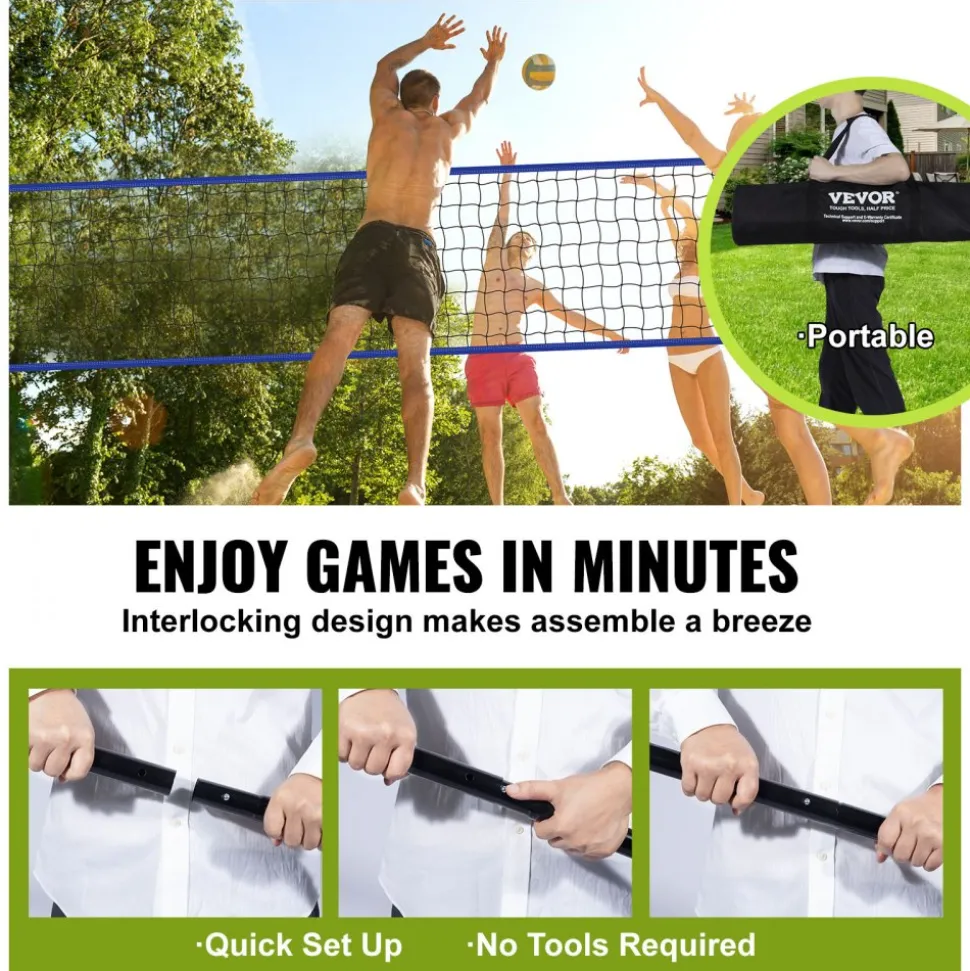 VEVOR Outdoor Portable Volleyball Net System, Adjustable Height Aluminum Poles, Professional Volleyball Set with PVC Volleyball, Pump, Carrying Bag, Heavy Duty Volleyball Net for Backyard, Beach, Lawn
