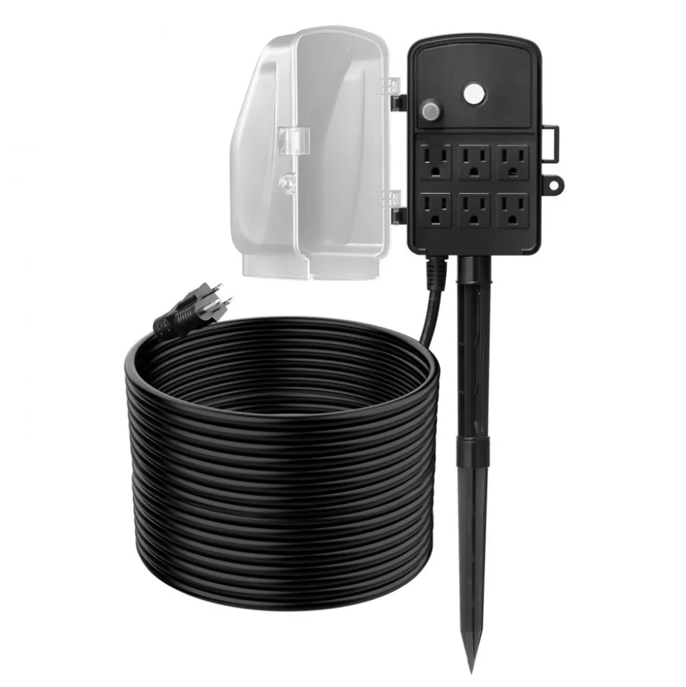 VEVOR Outdoor Power Stake, 25FT Extension Cord, Outdoor Power Strip Weatherproof with Cover, Remote Control Dusk to Dawn Light Timer Waterproof, 6 Outlets, 1875W/15A, for Christmas Lights, Garden