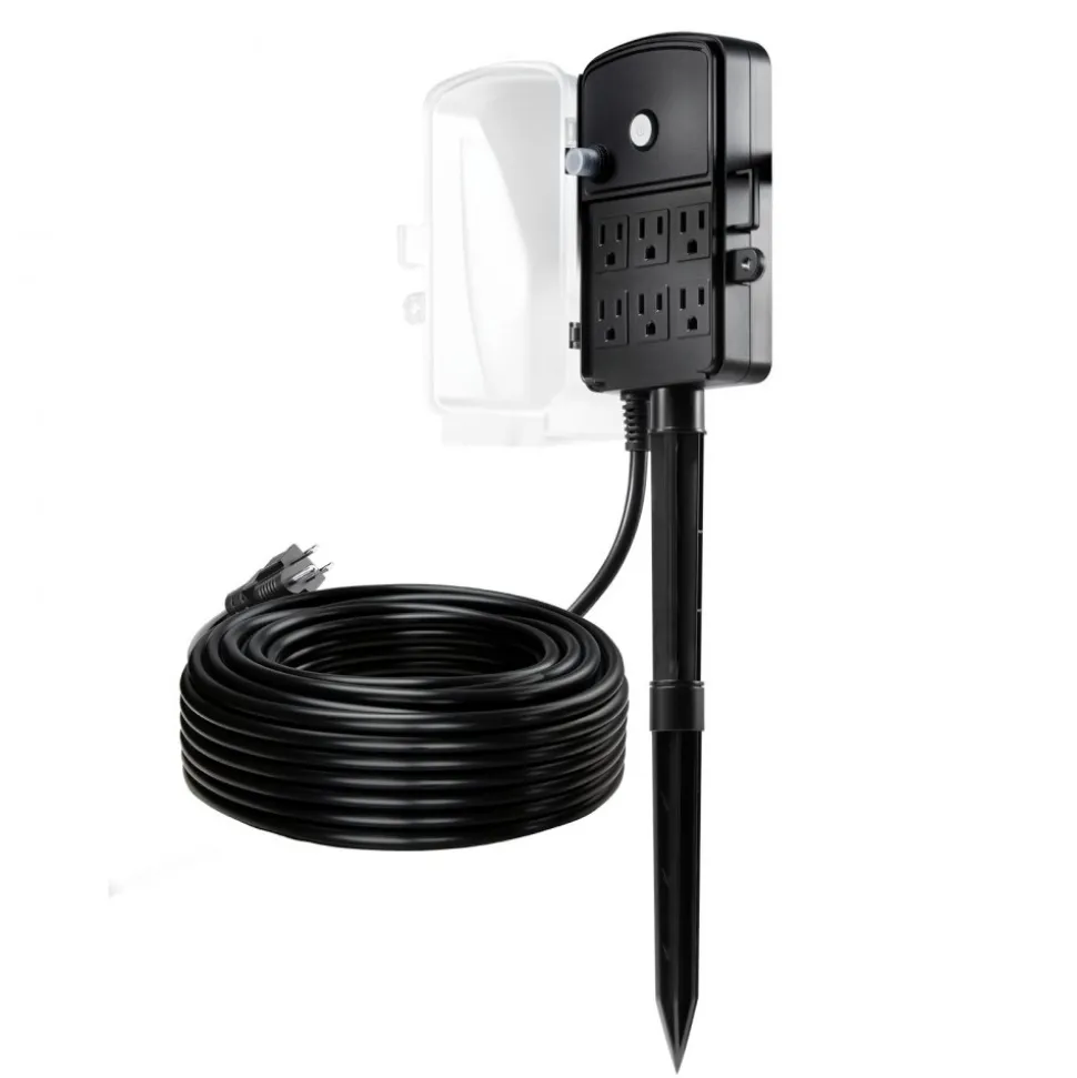 VEVOR Outdoor Power Stake, 25FT Extension Cord, Outdoor Power Strip Weatherproof with Cover, Remote Control Dusk to Dawn Light Timer Waterproof, 6 Outlets, 1875W/15A, for Christmas Lights, Garden