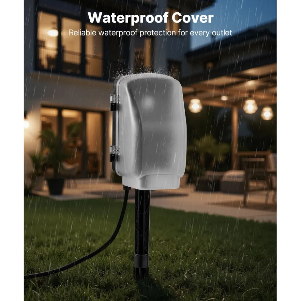 VEVOR Outdoor Power Stake, 25FT Extension Cord, Outdoor Power Strip Weatherproof with Cover, Remote Control Dusk to Dawn Light Timer Waterproof, 6 Outlets, 1875W/15A, for Christmas Lights, Garden
