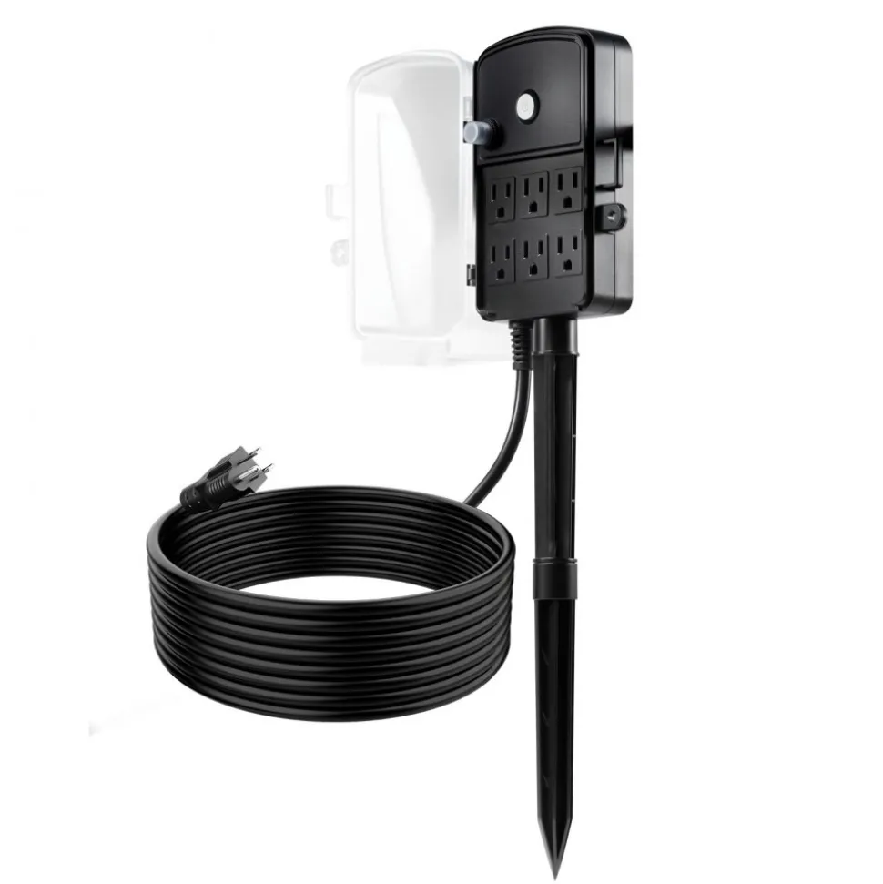 VEVOR Outdoor Power Stake, 15 FT Extension Cord, Outdoor Power Strip Weatherproof with Cover and Overload Protection, 6 Outlets, 15A/1875W, Waterproof Multi-Outlet Yard Stake for Christmas Lights